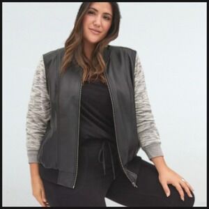 Torrid Mixed Media Bomber Jacket Faux Leather Marled Sleeve Plus 2X 18/20 Baddie